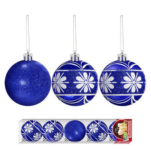 Bola de Natal Azul Decorada Brilhante com 5 Unidades