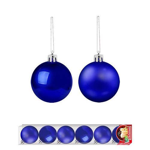 Bola de Natal Azul Lisa com 6 Unidades com 7 Cm