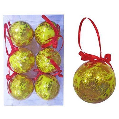 Bola de Natal Pendente Luxo Dourada com Fita Vermelha 6cm com 6 Peças