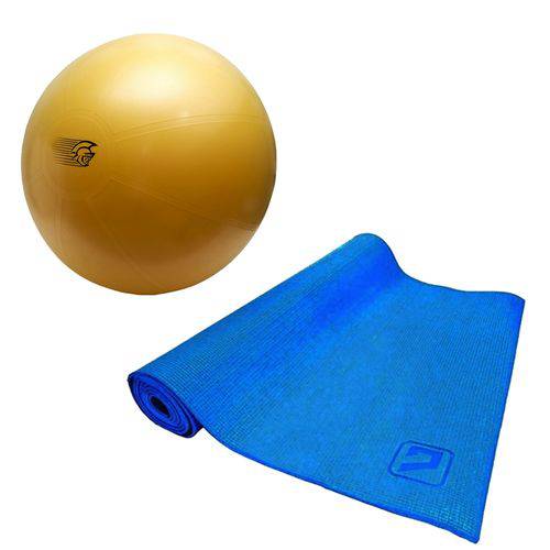 Bola Fit Ball Training 75cm Pretorian com Bomba de Ar + Tapete de Yoga Azul Liveup Ls3231b