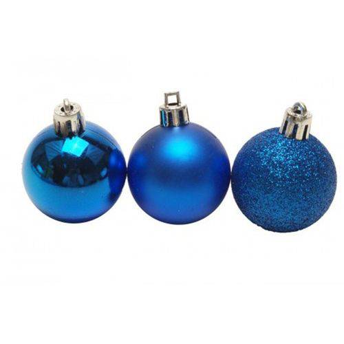 Bola Mista de Natal Azul Decorada Glitter, Fosca e Lisa Estampada Roupas Noel Tam. 6cm com 9 Unidades