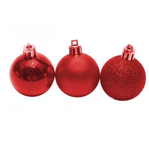 Bola Mista de Natal Vermelha Decorada Glitter e Lisa Estampada Cinto Noel Tam. 8cm com 5 Unidades