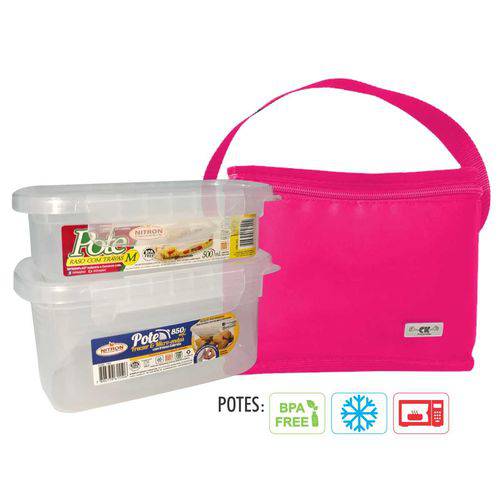 Bolsa Térmica com 2 Potes Plásticos com Trava Diversas Cores - Ck Presentes Rosa