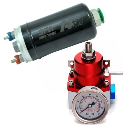 Bomba Elétrica de Combustível Externa 14bar + Dosador de Combustível 1:1 para Motores Injetados Prata/vermelho (VLRPU04-SALBCS04) (Confira Especificações)