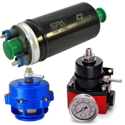 Bomba Elétrica de Combustível Externa 9bar + Dosador de Combustível Preto/Vermelho + Blow Off X-Flow V2 50mm Azul (SALBCS02-VLBOXF14-VLRPU05) Confira Especificações