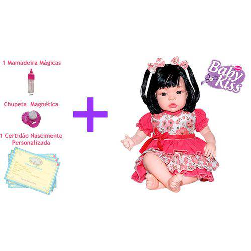 Boneca Baby Kiss Chora com Dispositivo Magnético + 1 Chupeta Magnética + 2 Mamadeiras Magicas