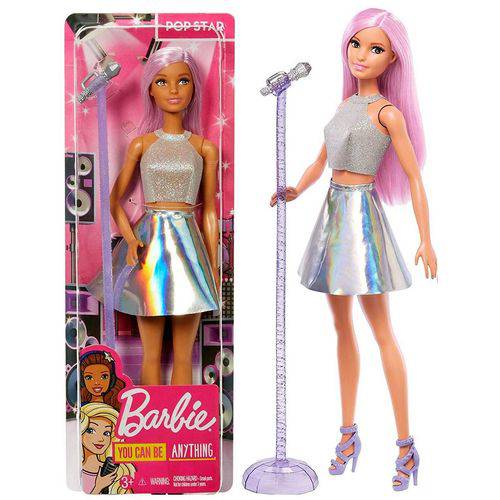 Boneca Barbie Profissões Cantora Estrela Pop Star - com Cabelo Cor de Rosa e Roupas Prateadas - Acompanha Como Acessórios um Pedestal e um Microfone - Mattel