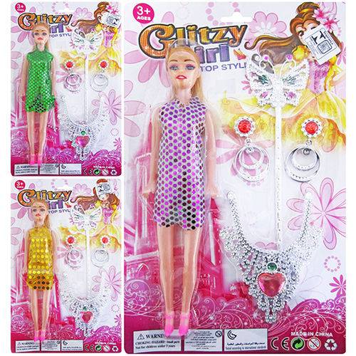 Boneca Glitzy Girl com Vestido Colors Colar e Acessorios 5 Pecas na Cartela