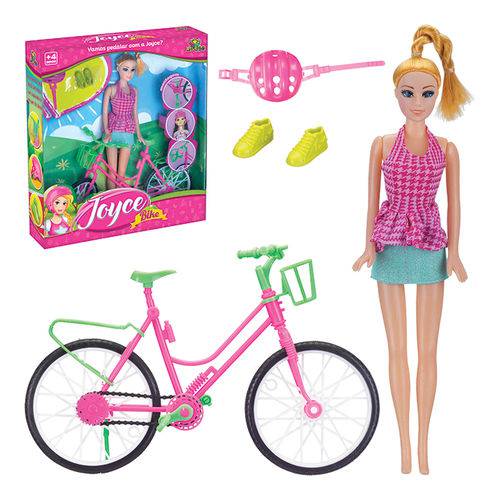 Boneca Joice Ciclista com Bicicleta, Capacete e Sapatinho