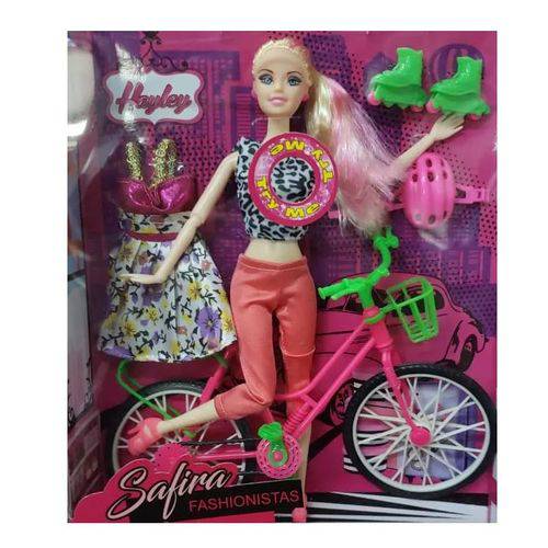 Boneca Safira Ciclista Articulada com Patins Vestido Extra