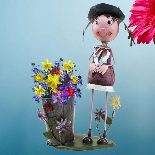 Boneco de Ferro com Vaso Enfeite e Decoração para Jardim e Flores #83035 Menina Roxa