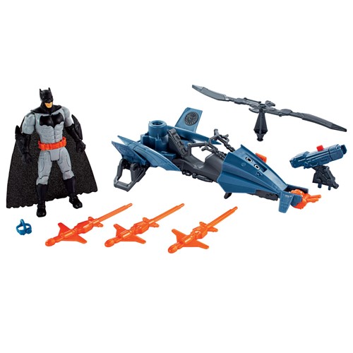 Boneco Liga da Justica 15 Cm e Veiculo - Batman e Batcopter