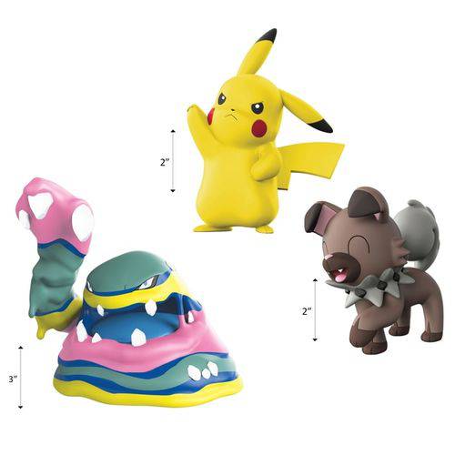 3 Bonecos Pokémon Sol e Lua Muk de Alola / Pikachu / Rockruff Wicked Cool Toys - Suika