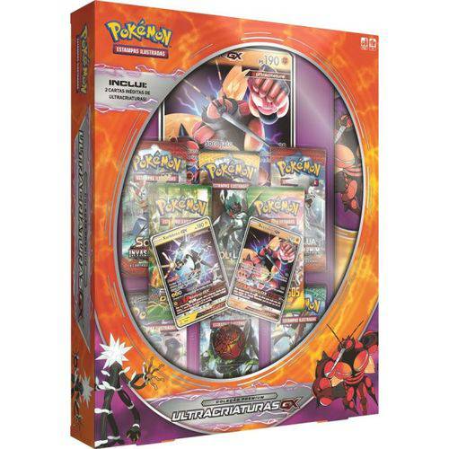 Box Pokémon Ultracriaturas-GX Buzzwole-GX e Xurkitree-GX Carta Gigante com Moeda e Playmat