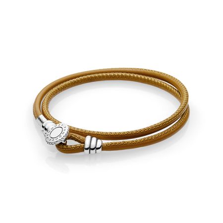 Bracelete Pandora de Couro de Duas Voltas Dourado - 38 Cm
