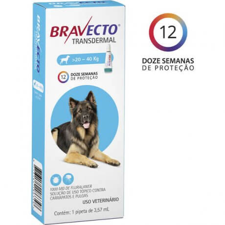 Bravecto Transdermal Antipulgas e Carrapatos para Cães de 20 a 40 Kg - 1000 Mg -