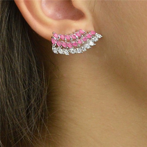 Brinco Ear Cuff Cravejado com Zircônias Navetes Rosa e Cristal Banhado em Ródio