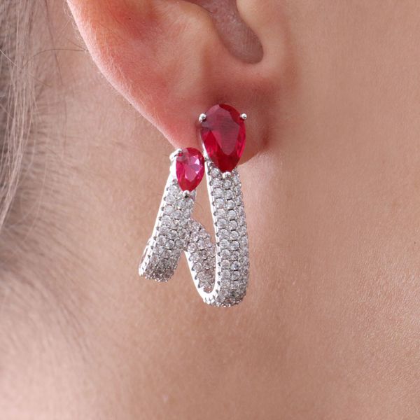 Brinco Ear Rack com Zirconia Gota e Cravação em Cristais Ródio Rosa Pink