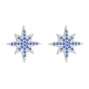 Brinco Estrela de 8 Pontas com Zirconias Azuis em Prata e Ródio Coleção Star