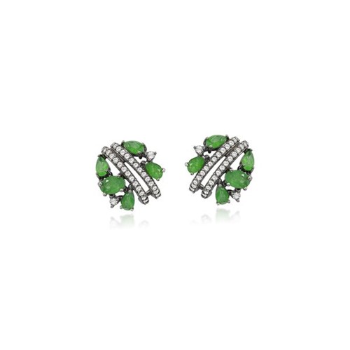Brinco Prata 925 Jade Jade e Topazio Incolor Botanica CLBR018/V3 JADE/TOP Brinco Ear Cuff Prata 925 com Jade Verde e Topázio Incolor - Botânica
