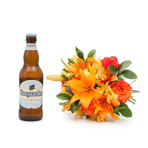 Buquê Alegria de Flores Laranjas M + Cerveja Premium 355ml