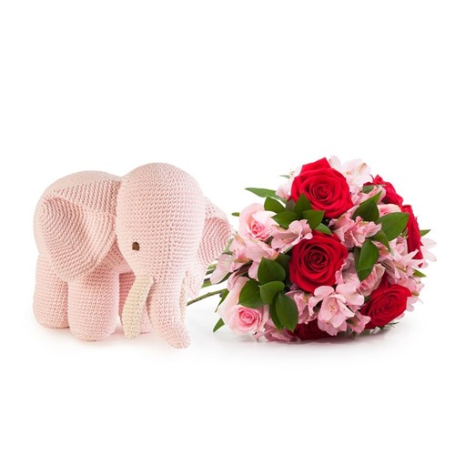Buquê Amor G + Elefante de Crochê Rosa