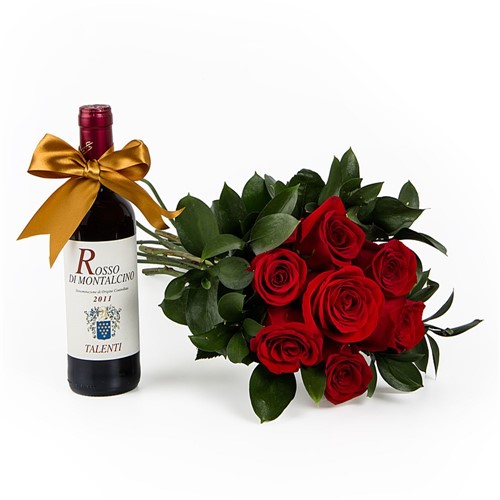 Buquê de Rosas Colombianas P e Vinho Tinto Rosso Di Montalcino