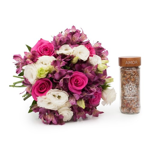 Buquê Luxo com Flores Brancas, Rosas e Roxas G + Sais de Banho