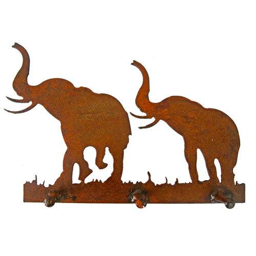 Cabideiro / Chaveiro Elefantes Recortado em Ferro 3 Pinos Rústico
