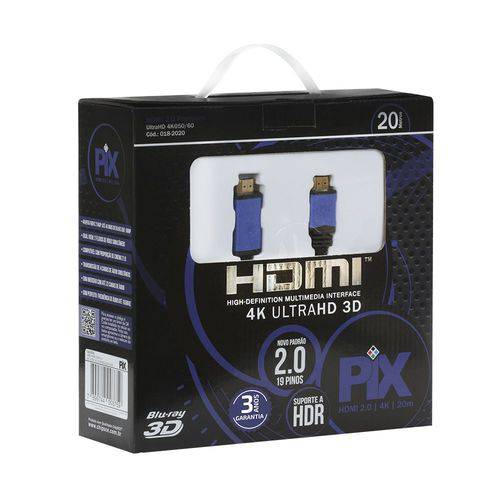 Cabo HDMI 2.0 4K Ultra HD 3D HDR 19 Pinos 20 Metros com Filtro PIX Premium 018-2020
