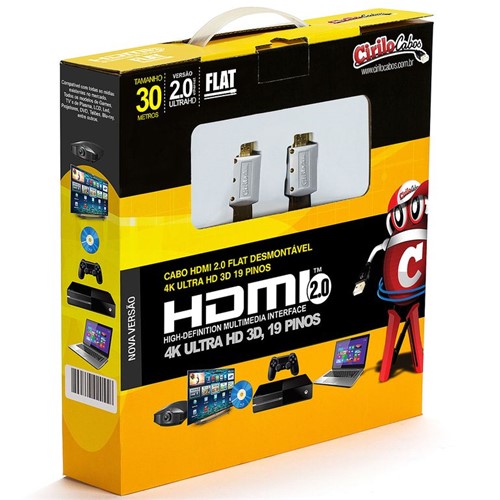 Cabo HDMI 2.0 FLAT Desmontável,19 Pinos, 4K, Ultra HD, 3D - 30 Metros