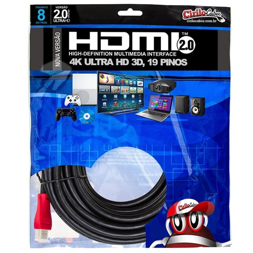 Cabo HDMI 2.0 Premium Ultra HD 4K@50/60 3D, 8 Metros - Cirilo Cabos