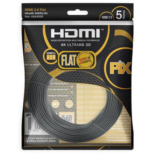 Cabo HDMI 4K UltraHD FLAT 5 Metros PIX 018-5025