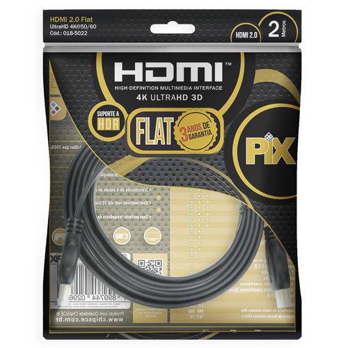 Cabo HDMI FLAT PIX 2.0 19 Pinos 4K 2 Metros Polybag 018-5022