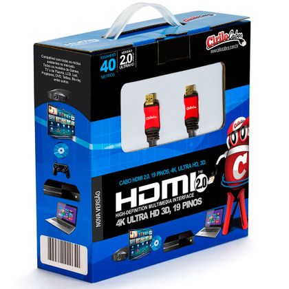 Cabo HDMI Versão 2.0, 19 Pinos, 4K, Ultra HD, 3D - 40 Metros