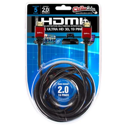 Cabo HDMI Versão 2.0, 19 Pinos, 4K, Ultra HD, 3D - 5 Metros