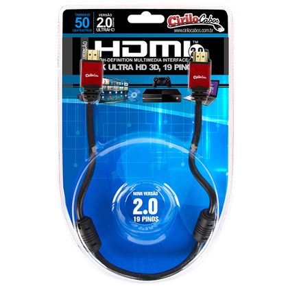 Cabo HDMI Versão 2.0, 19 Pinos, 4K, Ultra HD, 3D - 50 Centímetros