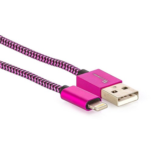 Cabo Lightning para USB Revestido com Tecido Trançado em Nylon Rosa 1 METRO
