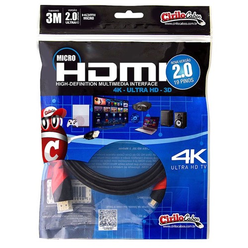 Cabo MICRO HDMI para HDMI 2.0, Ultra HD, 4K, 3D, 3 Metros