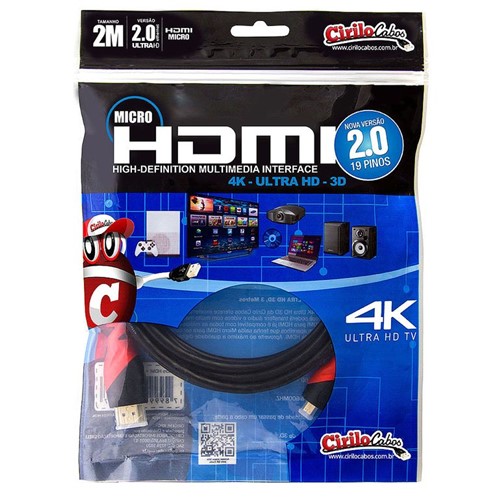 Cabo MICRO HDMI para HDMI 2.0, Ultra HD, 4K, 3D, 2 Metros