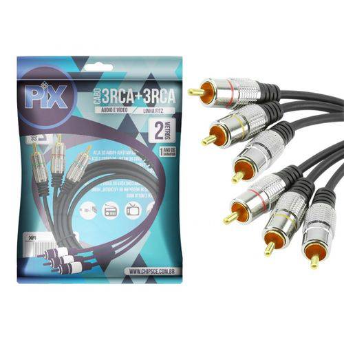 Cabo Rca Profissional para Áudio e Vídeo 3 Rca + 3 Rca Plug Metal Fitz 2 Metros - Chipsce - 018-0750