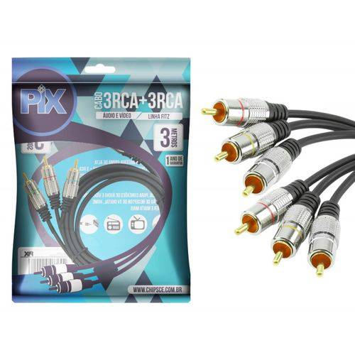 Cabo Rca Profissional para Áudio e Vídeo 3 Rca + 3 Rca Plug Metal Fitz 3 Metros - Chipsce - 018-0751