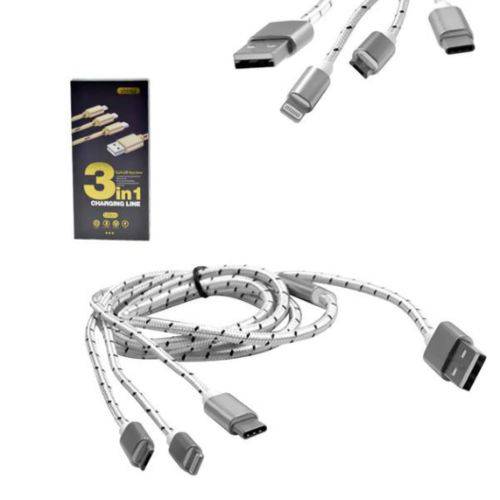 Cabo USB 3 em 1 V8 Iphone USB-c 1.20 Metros Trançado - Shinka