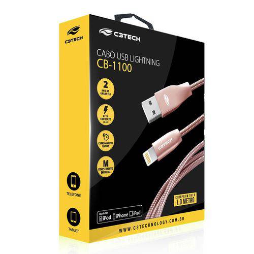 Cabo USB para Iphone Lightning Homologado Revestido Metal CB-1100PK C3tech