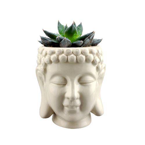 Cachepô Budhas Head em Cerâmica - 12,5x11 Cm - Cor Branco - 41014