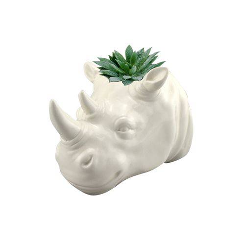 Cachepô de Parede Head Rhino Animals em Cerâmica - 13x10 Cm - Cor Branco - 41022