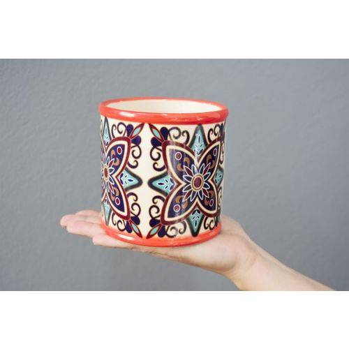Cachepô Redondo Floral Vintage em Cerâmica - 10x10 Cm - Cor Vermelho - 40423