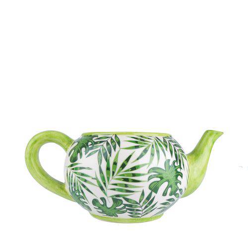 Cachepot Ceramica Teapot Green Leaves Verde 27X16,5X11CM