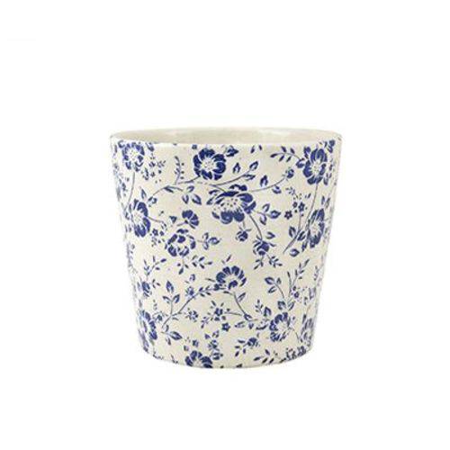 Cachepot de Cerâmica - Branca com Desenhos de Flores Azuis 13cm