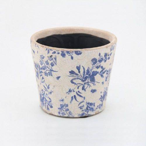 Cachepot em Cerâmica C/ Desenho de Flores Azul Modelo 06
